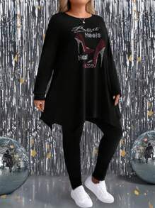 SHEIN LUNE 2 件套大码水钻字母印花长袖上衣和紧身裤，休闲秋季服装
