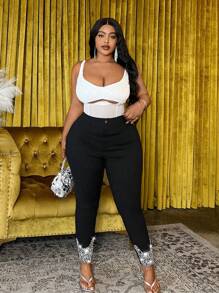 Slaydiva Casual Fashion Plus Size Women Rhinestone Decorated Tight Leggings - Dark Grey - View 7