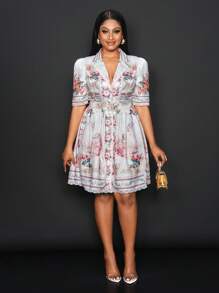 Slaydiva 全新优雅华丽翻领泡泡袖七分袖腰带装饰下摆巴洛克印花女式短裙-L