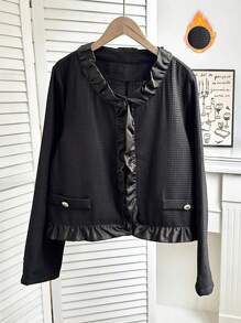 Chiquease Waffle tricô patchwork solto ajuste babado decoração jaqueta feminina, moda outono outerwear - Preto - Ver 1