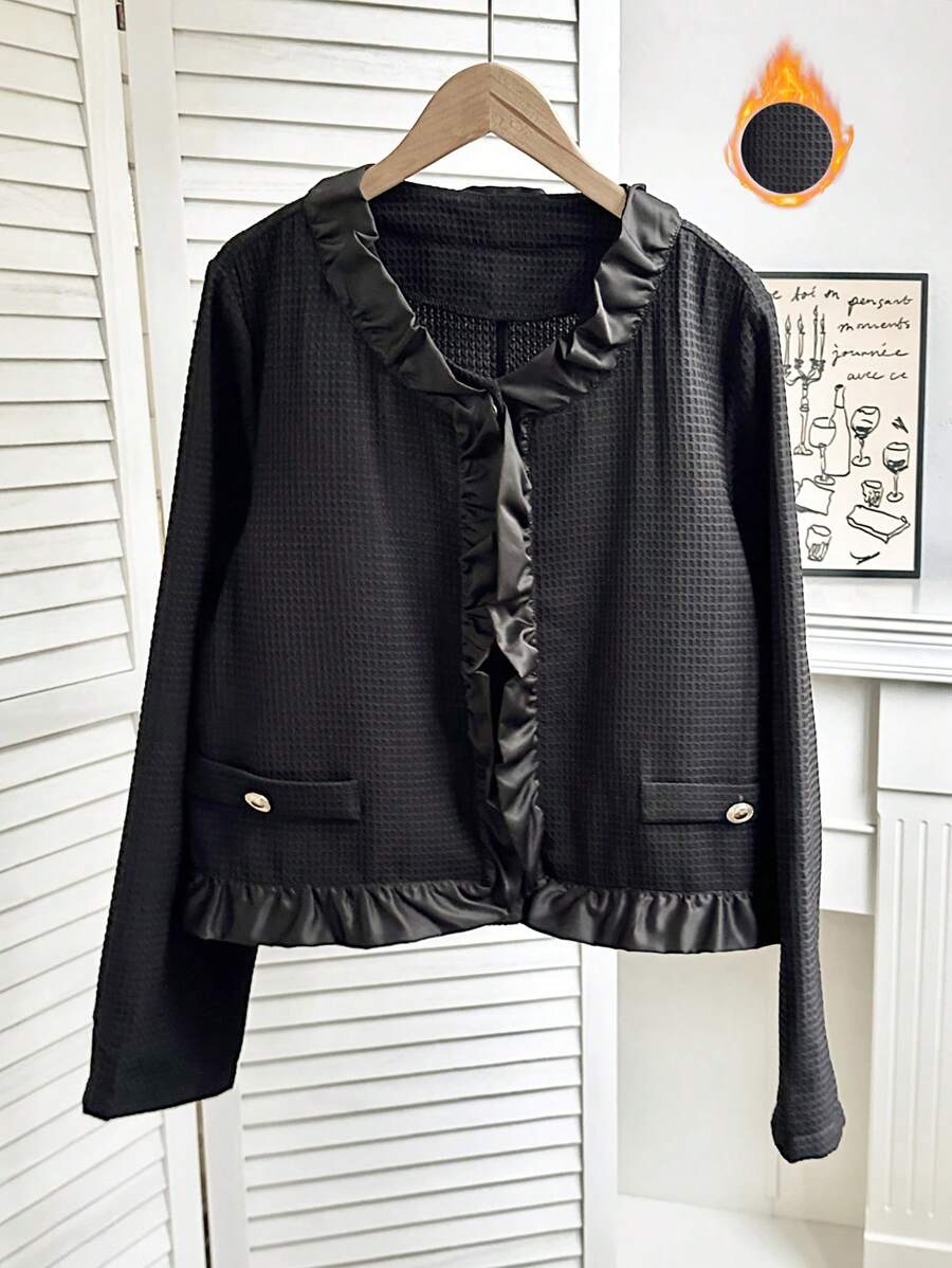 Chiquease Waffle tricô patchwork solto ajuste babado decoração jaqueta feminina, moda outono outerwear - Preto - Ver 1