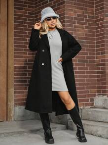 SHEIN EZwear Plus Size Coat With Tie Waist And Turn-Down Collar, For Autumn/Winter - Black - View 5