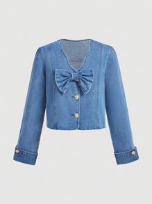 SHEIN MOD 1 件女式蝴蝶结长袖牛仔夹克，蓝色