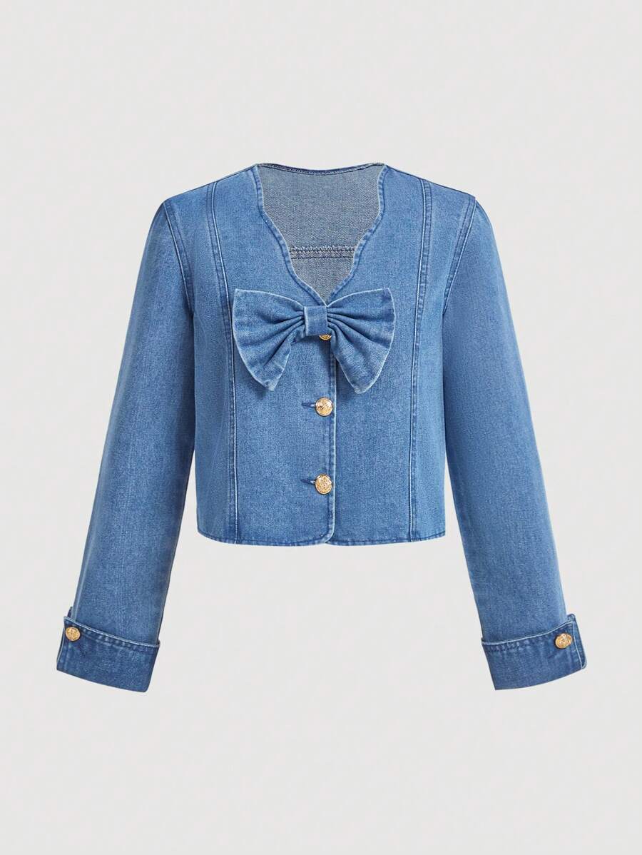 SHEIN MOD 1 件女式蝴蝶结长袖牛仔夹克，蓝色