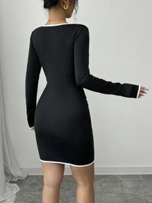 Elenzga Robe moulante à manches longues mini au contraste noir et blanc, coupe slim, pour le printemps et l'automne, idéale pour la Saint-Valentin