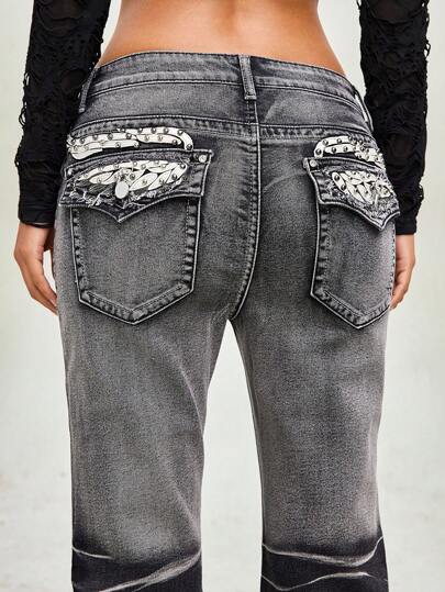 Grunge Punk Retro Washed Flared Jeans With Back Pockets, Faux Leather Wings Embroidery Rivet Pearls Embellished