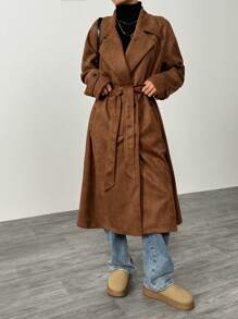 SHEIN EZwear 女式咖啡色立领长袖长款休闲麂皮风衣，秋季 - 咖啡棕 - 查看 6