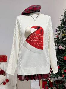 Flirla Plus Size Women Christmas Hat Pattern Dropped Shoulder Crew Neck Long Sleeve Sweater, Autumn/Winter Knit Pullover Fall - Apricot - View 1