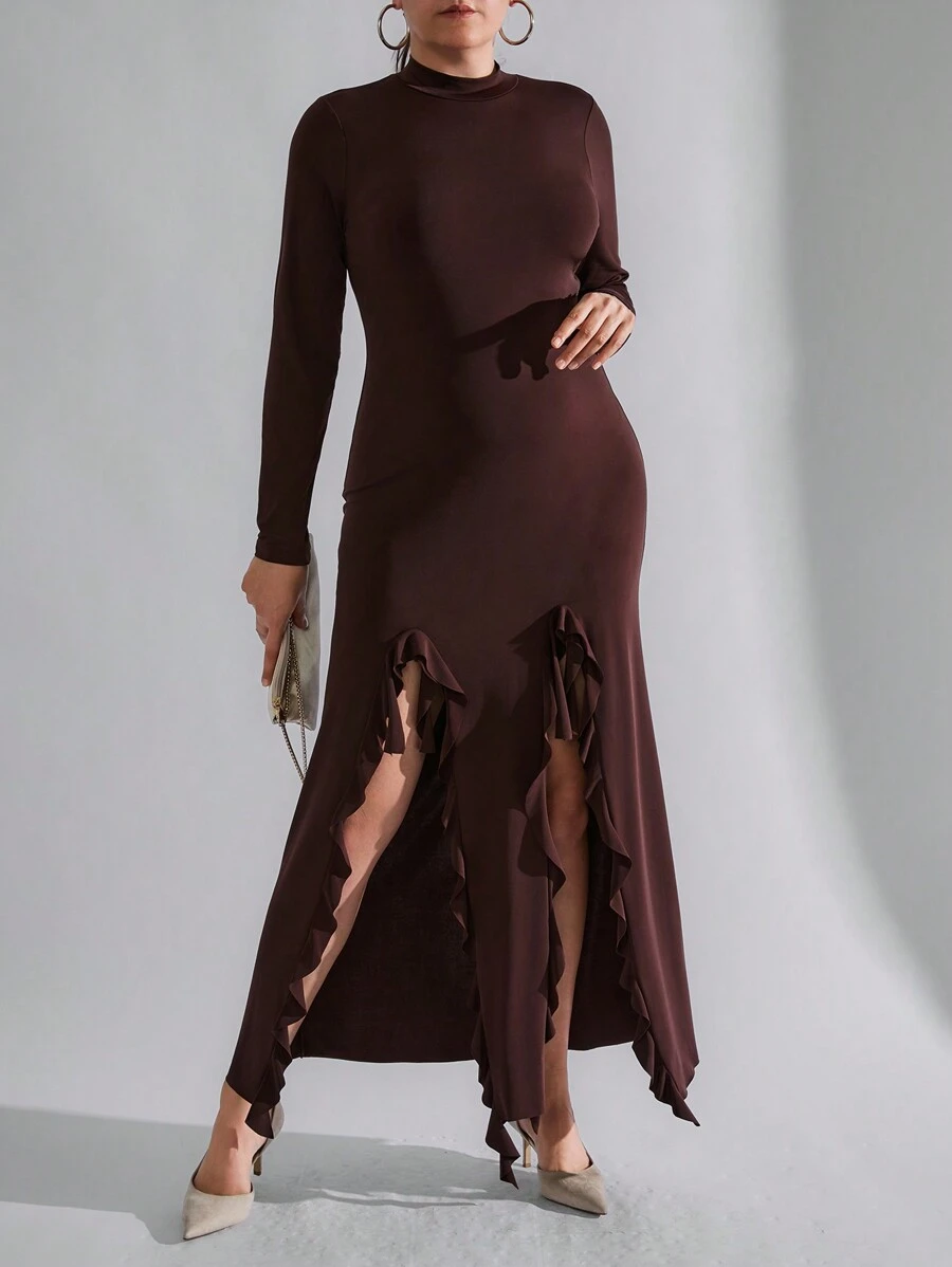 RueChic Plus Women's Solid Ruffle Trim Split Thigh Bodycon Dress - Coffee Brown - View 1