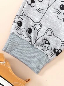 SHEIN 2 pièces Ensemble de sweat-shirt à capuche et pantalon à imprimé chat pour jeunes filles 2024 - Multicolore - Voir 5