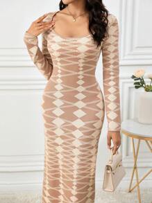 Modelyn 1 pieza Vestido de suéter de manga larga elegante con estampado geométrico de cuello redondo para mujer - Caqui - Ver 1