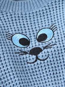 Baby Boys Waffle Knit Sweater, Thick Soft Warm Wear, Cute Cat Embroidery Pattern, Includes Matching Hat, Suitable For Autumn/Winter Home, Travel, Party And Playing With Kids - Dusty Blue - View 3