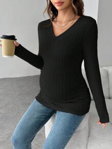 SHEIN Maternity V-Neck Long Sleeve Ribbed Casual T-Shirt, Autumn