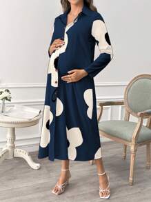 SHEIN Maternity Floral Print Lapel Single-Breasted Shirt Dress, Spring/Autumn Collection - Blue - View 5