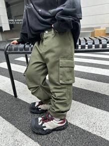 SHEIN Young Boy Street Cool Pleated Design Cargo Pocket Loose Fit Army Green Denim Jeans,Casual And Versatile For Young Boys Fall/Winter Clothes - Army Green - View 3