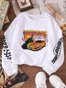 Tween Girls Crew Neck Long Sleeve Sweatshirt With English Car & Letter Print, Autumn - White - View 1