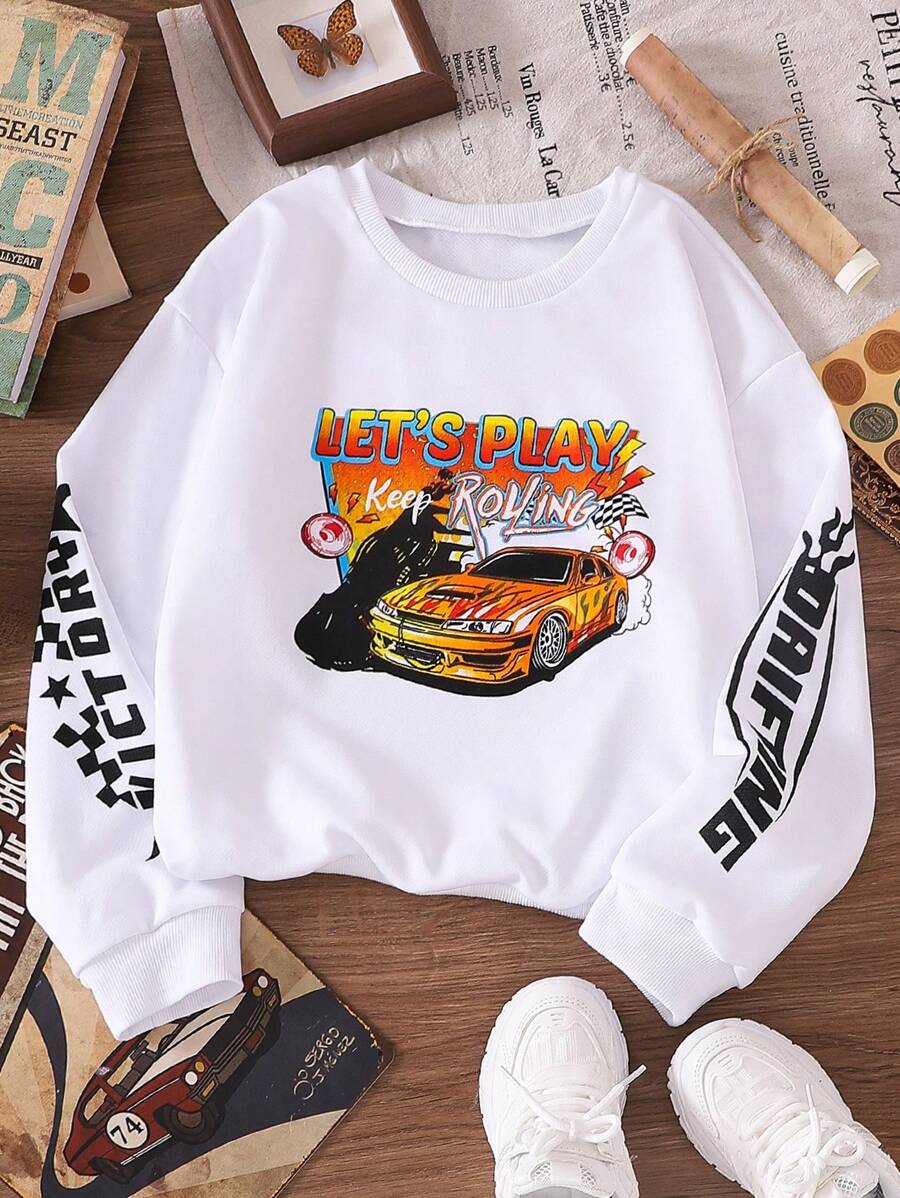 Tween Girls Crew Neck Long Sleeve Sweatshirt With English Car & Letter Print, Autumn - White - View 1