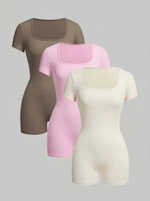 CovetEZ Bộ đồ liền thân cổ vuông có gân màu trơn cỡ lớn dành cho nữ, mùa hè - Nhiều màu - Xem 1