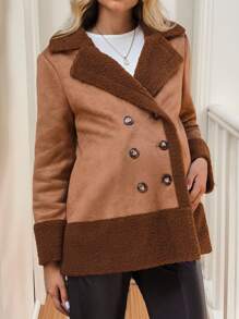 SHEIN Pregnant Women Patchwork Teddy Fleece Double Breasted Faux Suede Jacket, For Maternity, For Winter - Brown - View 3