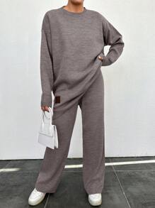 EURMUSE Women's Drop Shoulder Sweater And Sweater Pants Set - Camel - View 1