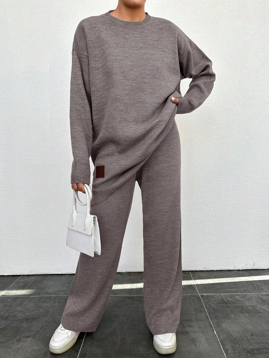 EURMUSE Women's Drop Shoulder Sweater And Sweater Pants Set - Camel - View 1