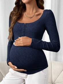 SHEIN 孕妇纯色纽扣圆领长袖修身 T 恤，秋冬 - 寶藍色 - 查看 6
