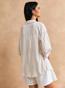 Poéselle Camicia a righe a maniche lunghe da donna, maglie estive carine, abbigliamento estivo da donna, camicia a righe color albicocca, camicia casual fresca, con bottoni, copricamicia, realizzata in materiale leggero e traspirante, adatta per vacanze, uscite casual e vita quotidiana, camicia casual da donna con bottoni, nodo e maniche tre quarti, colletto, camicia ampia a maniche lunghe in viscosa multicolore a spalle cadenti, per primavera/autunno, abbigliamento professionale/aziendale/da lavoro - Multicolore - Visualizzare 7