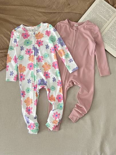 SHEIN LMoss Kids LMoss 2件套新生女宝宝可爱碎花针织弹力长袖连体衣，秋冬图案