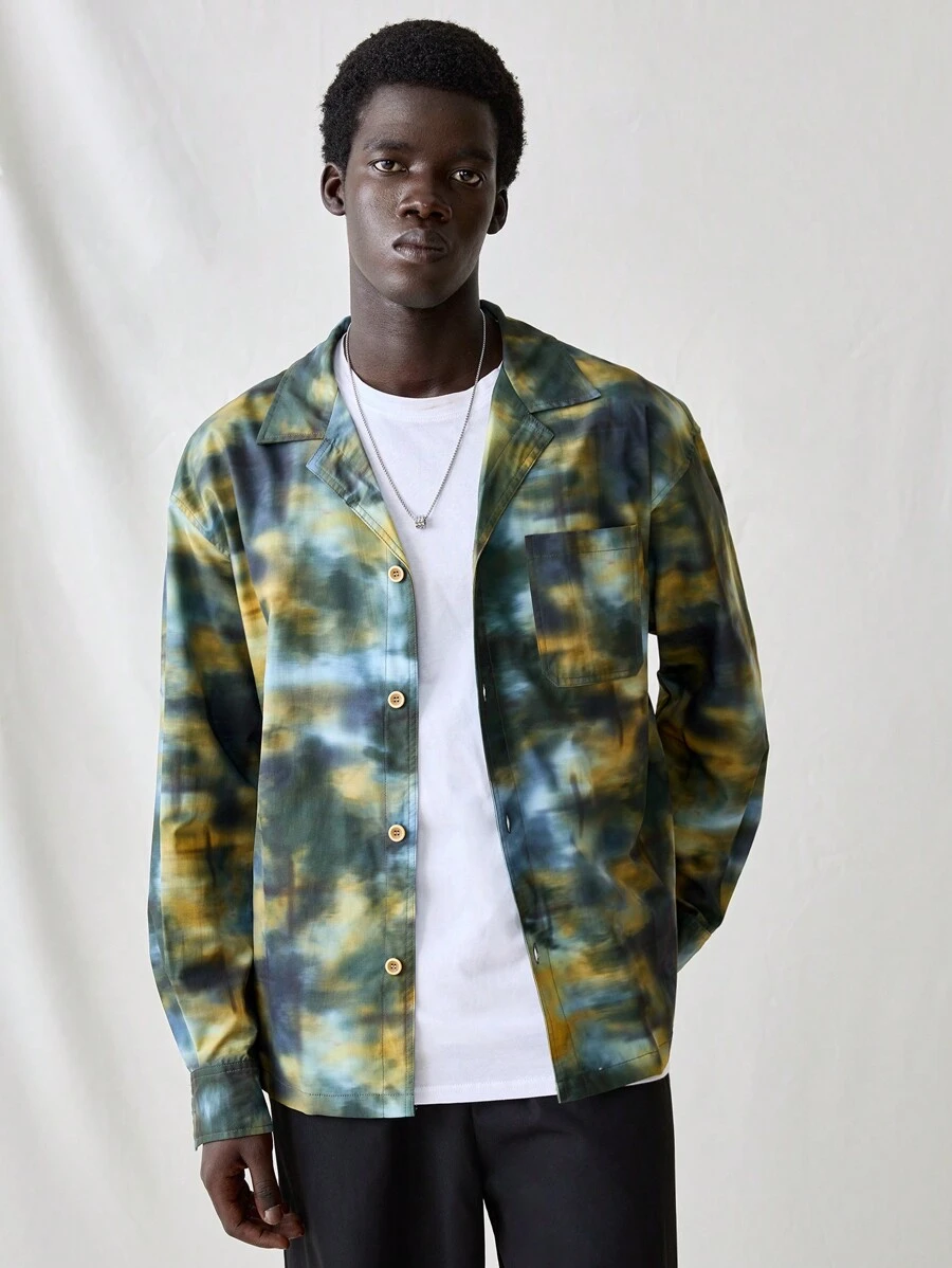 Manfinity VCAY 1 件男士休闲时尚仿扎染长袖编织衬衫，适合年轻人日常穿着 - 綠色 - 查看 1