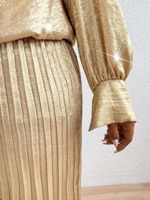 Celure 2pcs Plus Size Metallic Loose Blouse Top & Wide Leg Pleated Pants Set For New Year Holiday Party Clothes