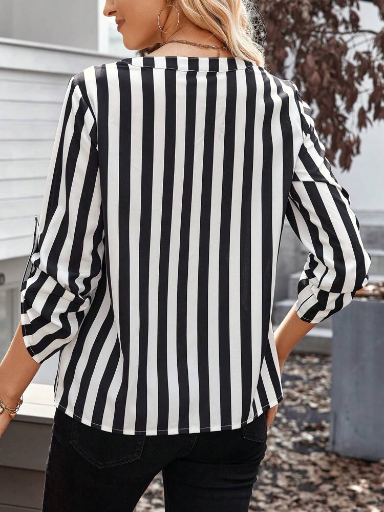 Women Striped Print Cutout V-Neck Casual Long Sleeve Blouse