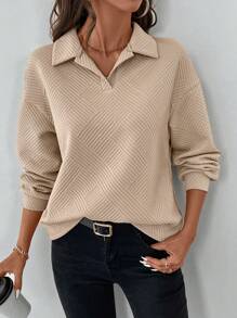 SHEIN LUNE Women's Textured POLO Collar Thick Layered Casual Sports Home Elegant Outdoor Warm Long Sleeve T-Shirt, Suitable For Autumn & Winter