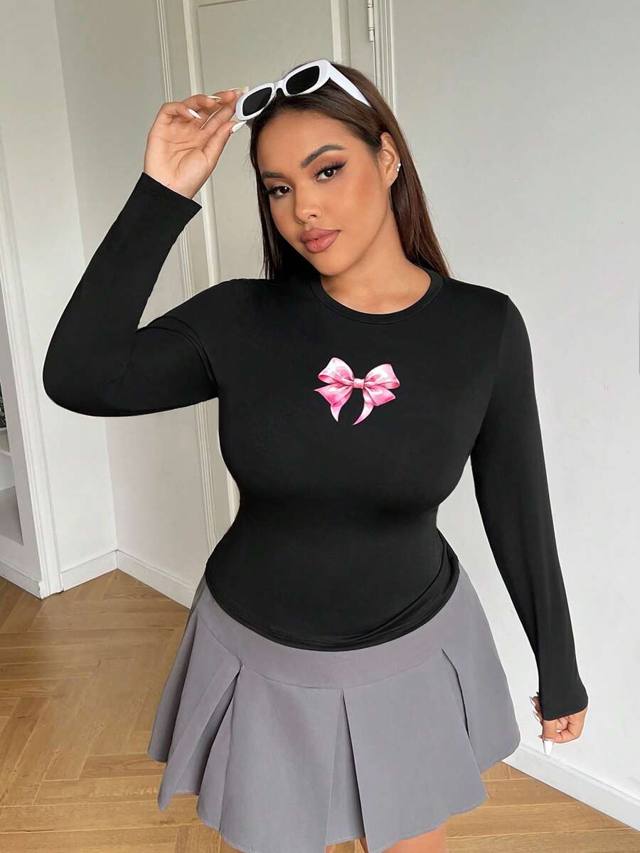 SHEIN EZwear 大码女式休闲蝴蝶印花修身长袖黑色 T 恤，秋季 - 黑色 - 查看 1