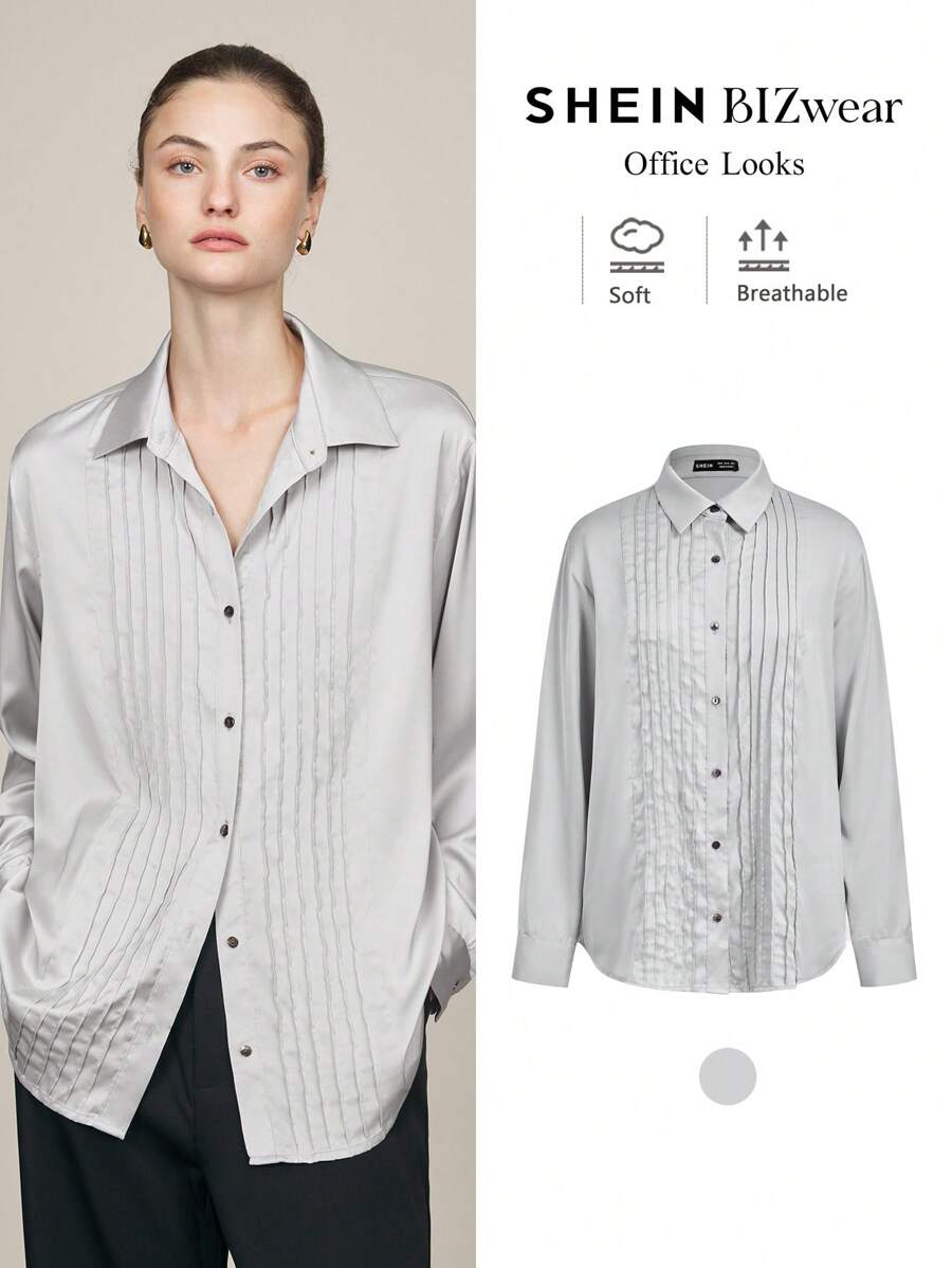 BizChic Grey Satin Finish Long Sleeve Blouse, Elegant Women's Outwear For Party, Holiday, Christmas, New Year, Autumn/Winter, - Grey - View 1