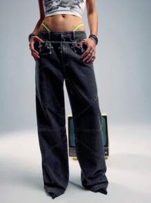 TypaGal Washed Panelling Wide Leg Loose Fit Jeans - Black - View 1