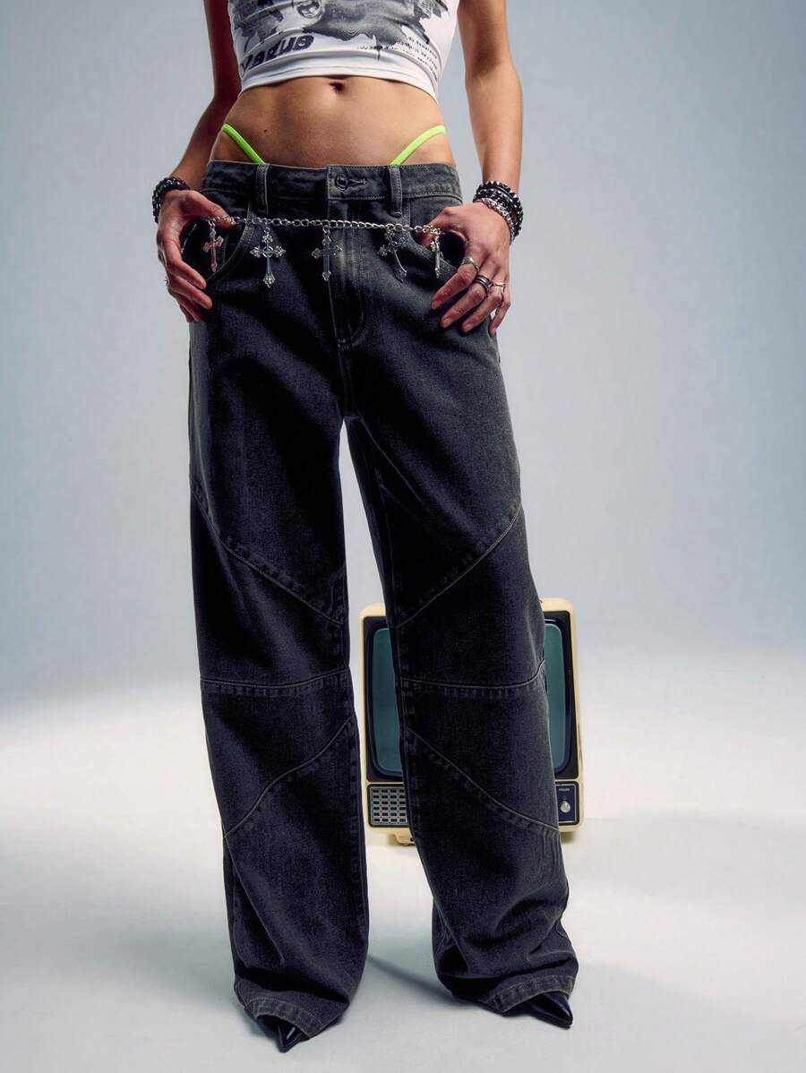 TypaGal Washed Panelling Wide Leg Loose Fit Jeans - Black - View 1