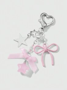 ROMWE Kawaii 1pc Ins Style Cute Girl's Elegant High-Quality Silver Chain Faux Pearl Pink Ribbon Acrylic Bowknot Star Keychain, Suitable For Women And Girls, Daily Wear And Festival Gift Valentines