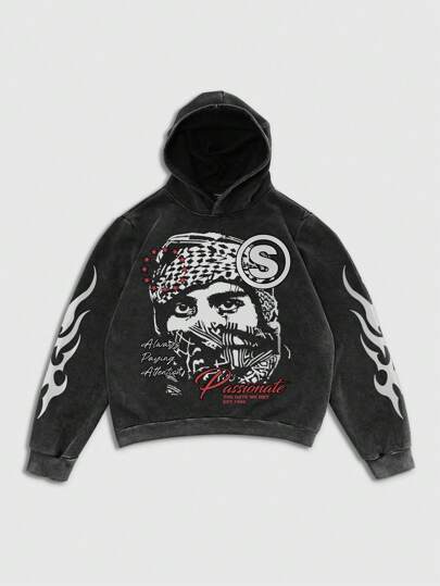 ROMWE MEN Street Life Sudadera con capucha desgastada con ácido y moteada para hombre, estilo de calle retro