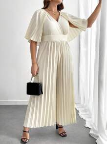 Celure Plus Size V-Neck Collared Foldover Jumpsuit With Long Sleeves