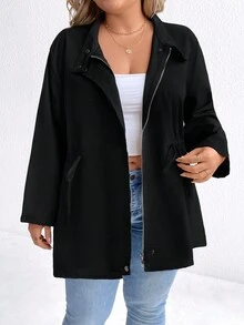 SHEIN CURVE+ Áo khoác cardigan dáng rộng màu trơn thường ngày cỡ lớn có khóa kéo, thích hợp cho mùa thu - màu đen - Xem 3