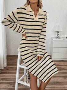 Chiquease Women Polo Collar V-Neck Striped Low Slit Casual Long Sweater Dress