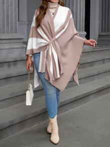 Áo khoác cardigan tay cánh dơi màu tương phản viền bất đối xứng cỡ lớn, thu/đông - Màu Khaki - Xem 1