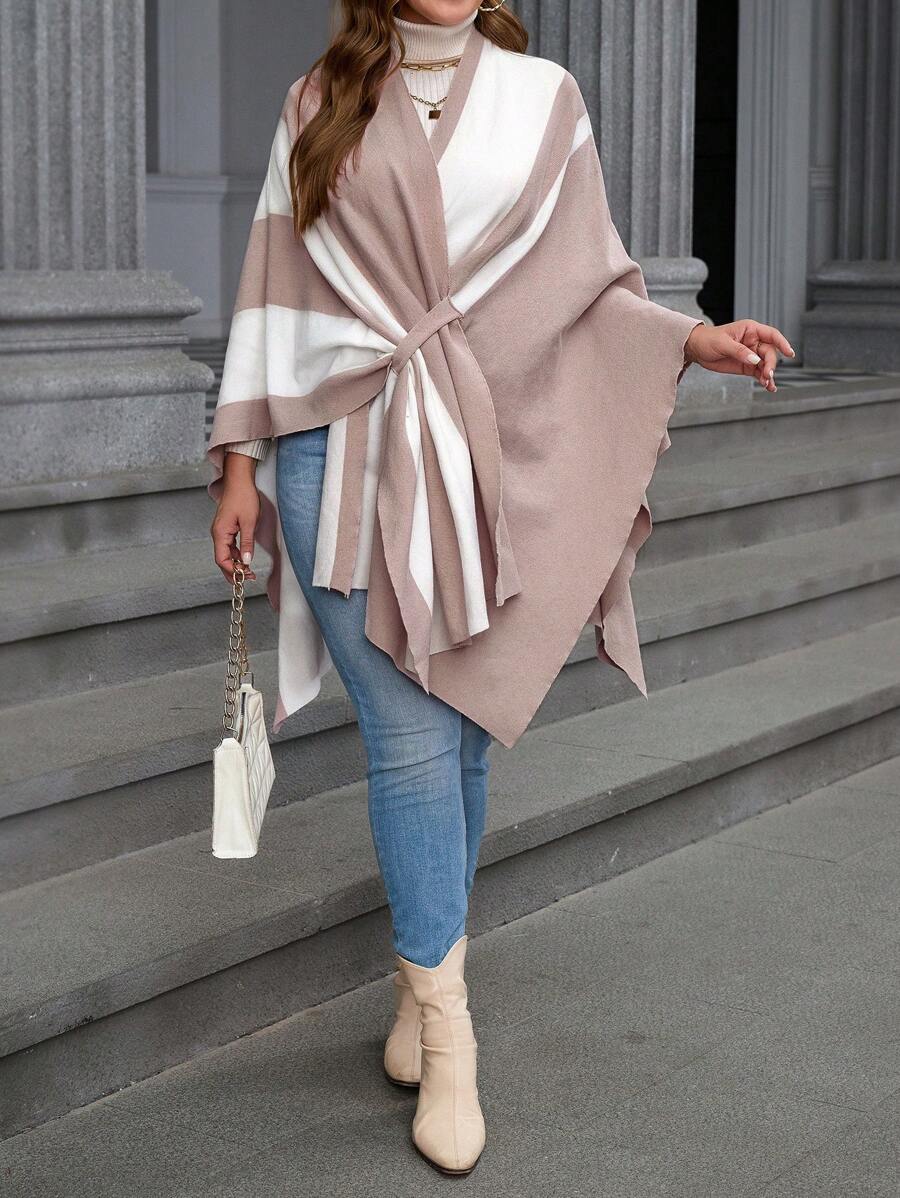 Áo khoác cardigan tay cánh dơi màu tương phản viền bất đối xứng cỡ lớn, thu/đông - Màu Khaki - Xem 1