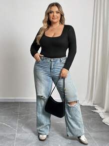 SHEIN CURVE+ Plus Size Plain Crew Neck Tight Fitting Sexy Long Sleeve Bodysuit