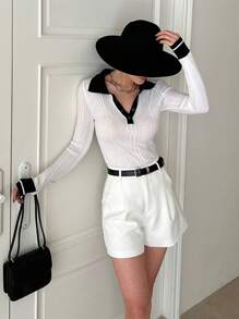 DAZY Women Colorblock Polo Collar Fitted Sweater,Fall Clothes