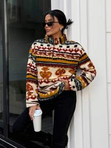 EURMUSE Geo Print Half Zip Drop Shoulder Sweatshirt - Multicolor - View 2