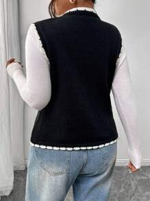 SHEIN Frenchy Casual 3D Floral Pattern Black & White Knitted Cardigan, Plus Size, Suitable For Autumn & Winter