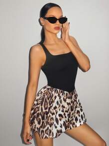 SHEIN ICON Women's Square Neck Sleeveless Fashionable Sexy Leopard Pattern Patchwork Dress - Multicolor - View 5