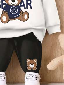 SHEIN Leap Crew 可爱小熊，酷炫小熊，户外服装，男婴休闲宽松柔软针织连帽卫衣套装，适合秋冬季穿着 - 白色 - 查看 6