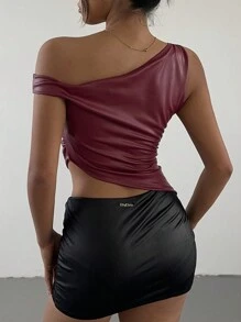 Aloruh Blusa asimétrica con hombro oblicuo, (PU), elegante y sexy, para fiesta/citas/ocasiones formales, para mujeres